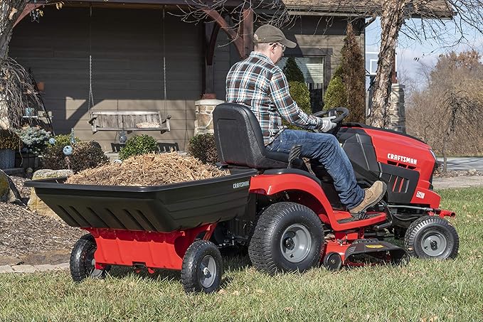 Craftsman Tow Poly Dump Cart for Lawn Tractors and ATVs, 350 lb Load Capacity, 10 Cu Ft Lawn and Garden Utility Trailer