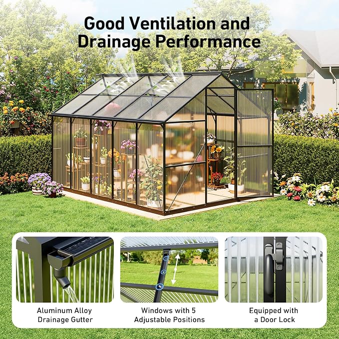 8x10FT Greenhouses for Outdoors with Hygrometer, Polycarbonate Green Houses for Outside Heavy Duty with Aluminum Frame, Walk in Greenhouses with Drainage Channel Roof Vent for Backyard or Garden Use