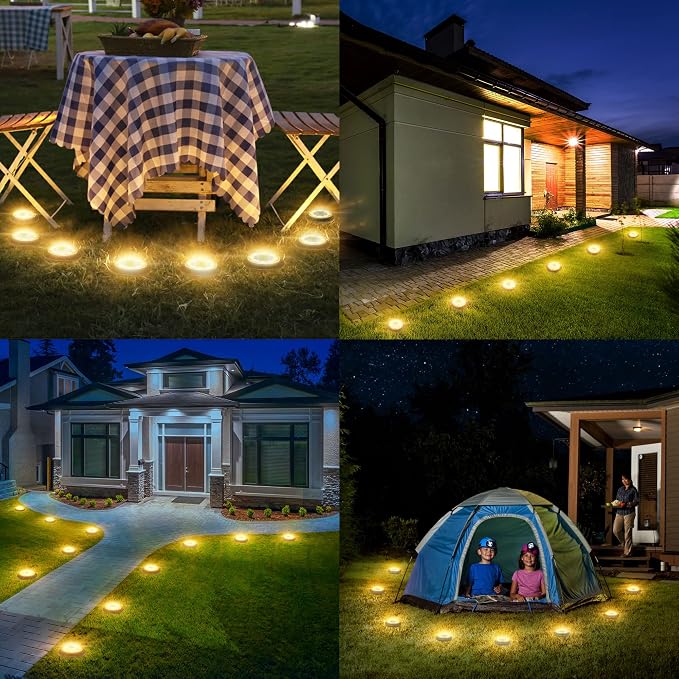 Flacchi Solar Lights Outdoor Waterproof - 2-in-1 Solar Powered Ground Lights Outdoor Solar Disk Light Landscape Light for Deck Step Patio Yard Pathway Walkway Driveway Garden (Warm White, 8 Pack)