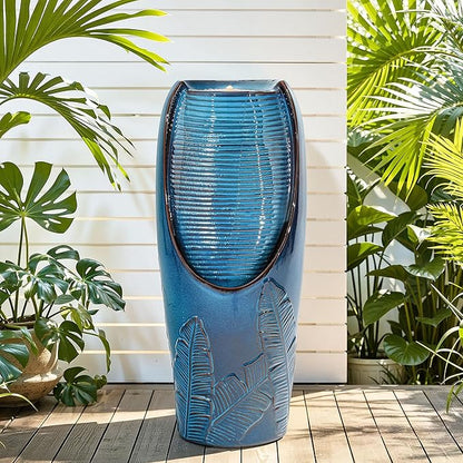 32" H Outdoor Garden Fountain with LED Lights, Modern Ceramic Jar Water Fountain, 3D Tropical Leaf Pattern, Teal Blue Glaze, Soothing Cascading Waterfall for Relaxing Patio, Yard, Porch