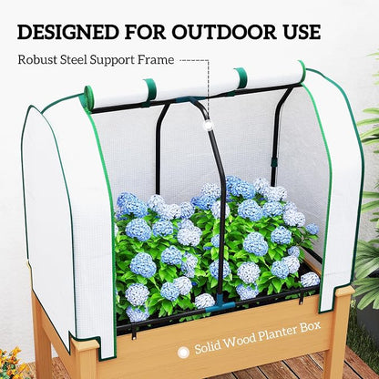 Outsunny Raised Garden Bed with PE Greenhouse Cover Outdoor Elevated Wood Planter Box for Herbs and Vegetables, Use for Patio, Backyard, Balcony, 35 x 22 x 47 inch, Sand