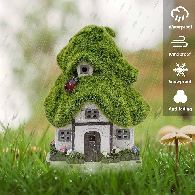 TERESA'S COLLECTIONS Flocked Garden Statue and Figurine Fairy House with Solar Outdoor Lights, Resin Garden Decor Outdoor Statues Garden Cottage Yard Decor Porch Lawn Ornaments Gifts for Mom, 7.4"