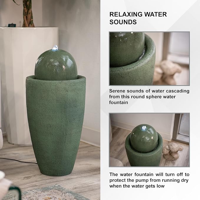 XBrand 25.98" Modern Sphere Water Fountain with LED Light – Indoor Outdoor Stone Texture Floor Fountain, Zen Bubbling Ball Water Feature for Garden Patio Porch