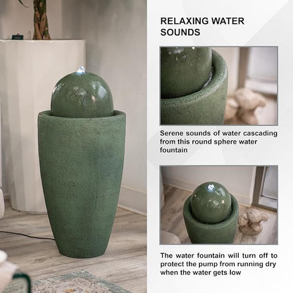 XBrand 25.98" Modern Sphere Water Fountain with LED Light – Indoor Outdoor Stone Texture Floor Fountain, Zen Bubbling Ball Water Feature for Garden Patio Porch