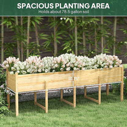 Outsunny Wooden Raised Garden Bed with Legs, Large Elevated Planter Box with Bed Liner and Drain Holes for Vegetables Flowers Herbs, Outdoor and Indoor, 7.4' x 1.8' x 2.6', Natural Wood