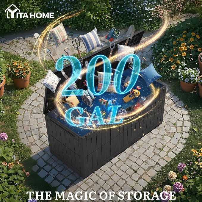 YITAHOME 200 Gallon Large Outdoor Storage Box XL Resin Deck Box with Lock | Waterproof Patio Furniture Bin and 3-Person Bench Seating for Garden Tools & Pool Accessories, Black