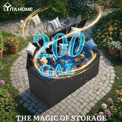 YITAHOME 200 Gallon Large Outdoor Storage Box XL Resin Deck Box with Lock | Waterproof Patio Furniture Bin and 3-Person Bench Seating for Garden Tools & Pool Accessories, Black