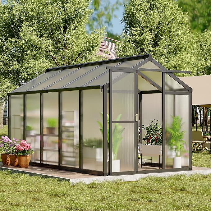 Garvee 6 X 10 Ft Greenhouse, Greenhouses for Outside, Polycarbonate Greenhouse with Aluminum Frame, Lockable Door and Ajustable Roof Vent for Backyard, Green Houses for Outside Garden Backyard, Patio
