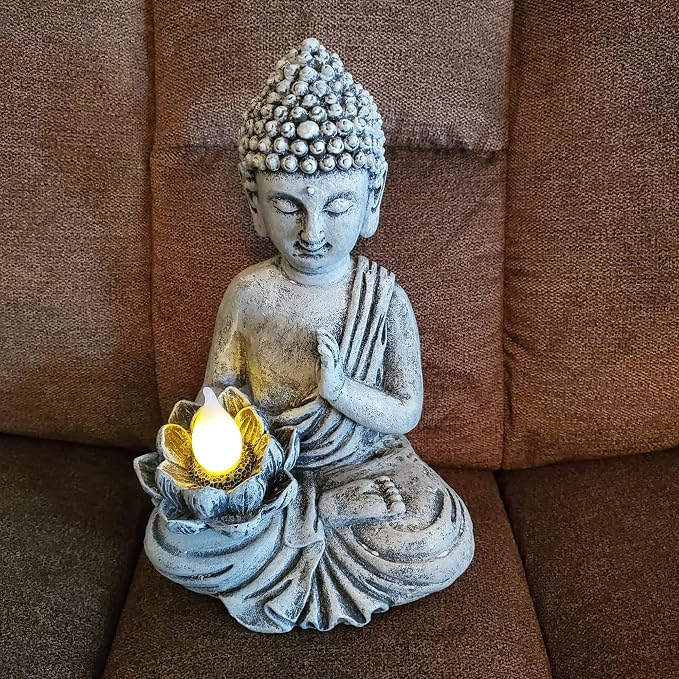 Solar Buddha Statue - Outdoor Zen Sculpture With Flickering LED Lotus Light - Waterproof Garden Decor Gift - 11.81 Inch