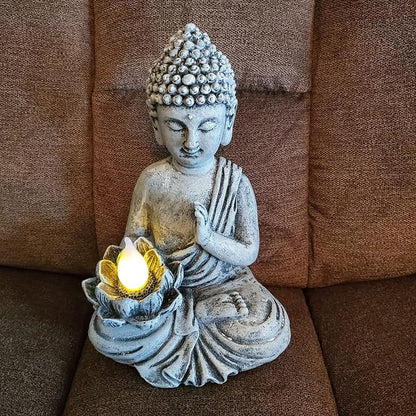 Solar Buddha Statue - Outdoor Zen Sculpture With Flickering LED Lotus Light - Waterproof Garden Decor Gift - 11.81 Inch