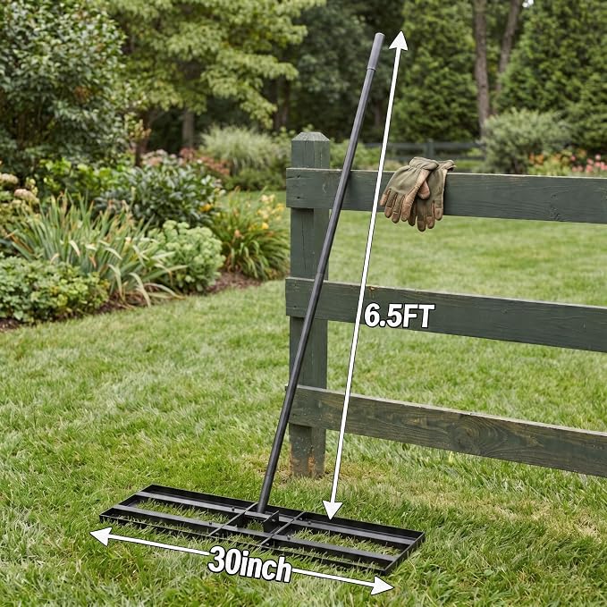 Lawn Leveling Rake - 30x10 Leveling Rake for Soil, Heavy Duty Yard Leveling Rake with 6.5FT Extra Long Handle, 2mm Thickened Stainless Steel Lawn Leveler, Landscape Tool for Dirt and Sand, with Gloves