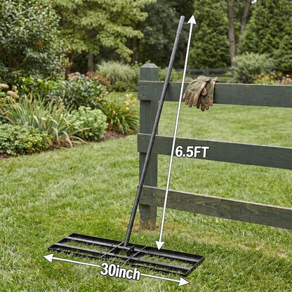 Lawn Leveling Rake - 30x10 Leveling Rake for Soil, Heavy Duty Yard Leveling Rake with 6.5FT Extra Long Handle, 2mm Thickened Stainless Steel Lawn Leveler, Landscape Tool for Dirt and Sand, with Gloves