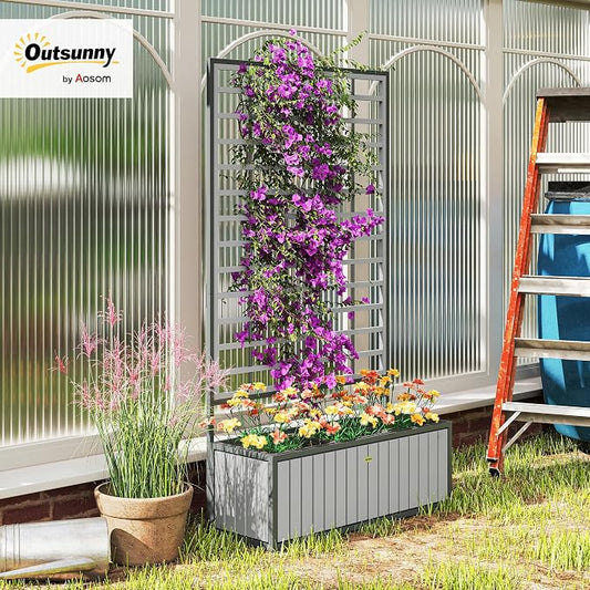 Outsunny Wooden Raised Garden Bed with Trellis, Removable Pots, Drainage Holes for Climbing Vines, Vegetables, Flowers, Raised Planter Box for Backyard, Patio, Balcony, 29 x 11 x 52 in., Gray