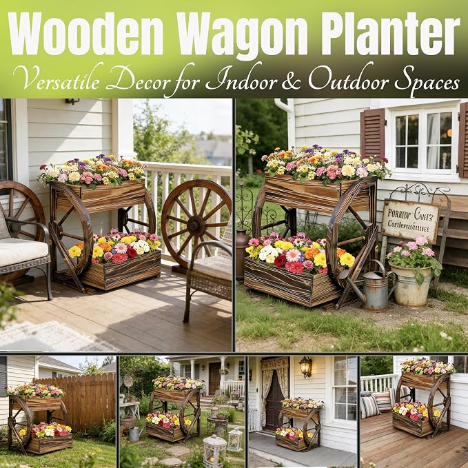NestNature Wooden Wagon Planter Box|Rustic Planter Use On Indoor&Outdoor | 2-Tier Medium Solid Wood Planter-Flower Pot Use On Patio,Porch,Garden-Raised Garden Bed For Succulents, Herbs, Vegetables