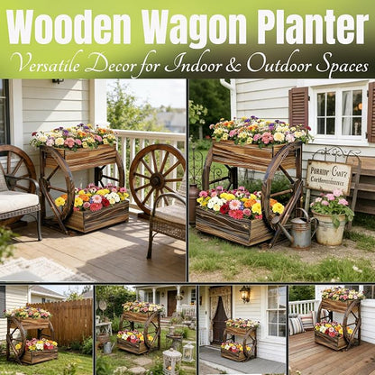 NestNature Wooden Wagon Planter Box|Rustic Planter Use On Indoor&Outdoor | 2-Tier Medium Solid Wood Planter-Flower Pot Use On Patio,Porch,Garden-Raised Garden Bed For Succulents, Herbs, Vegetables