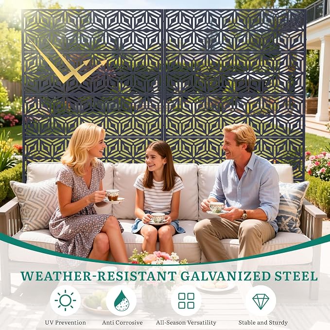 72" Steel Privacy Screen, Freestanding Laser Cut Divider for Patio | 72"x44" Laser Cut Snowflake Steel Panel. Weatherproof & Rustproof. creen Divider for Balcony, Patio, Deck & Garden