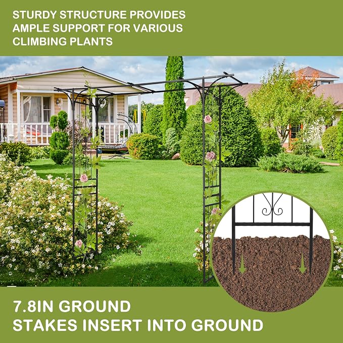 Outvita 7FT Black Metal Garden Arch Arbor Trellis | Sturdy steel frame archway for climbing roses vines, decor for patio, lawn, courtyard & wedding ceremony