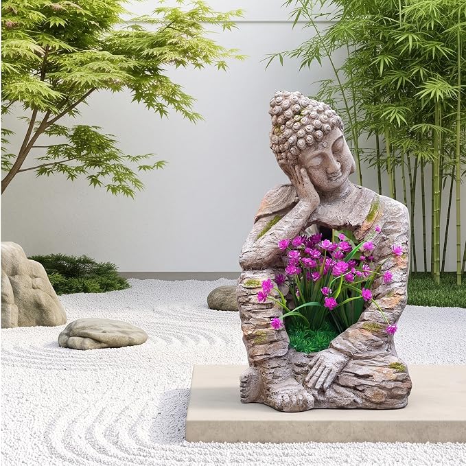 suruim Buddha Statue Outdoor Resin Garden Sculpture with Planting Opening, Zen Statue with Distressed Stone Look, Buddha Decor for Patio Yard Porch Entryway Home Meditation Space Seated Zen Decor