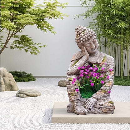 suruim Buddha Statue Outdoor Resin Garden Sculpture with Planting Opening, Zen Statue with Distressed Stone Look, Buddha Decor for Patio Yard Porch Entryway Home Meditation Space Seated Zen Decor