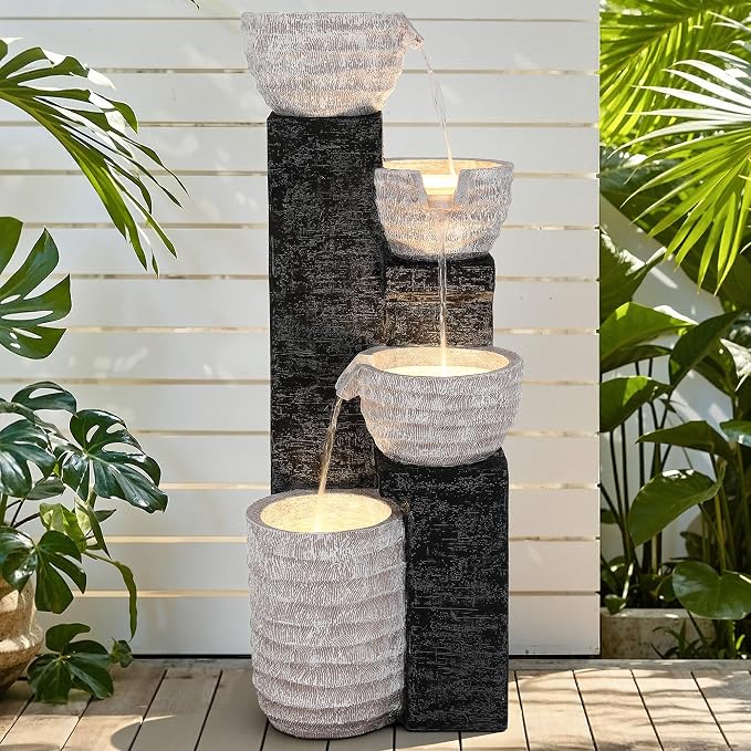40" H Outdoor Water Fountain with LED Lights & Pump | Sand-Textured Freestanding Garden Fountain, Multilayer Cascading Polyresin Fountain for Tranquil Garden, Patio or Porch
