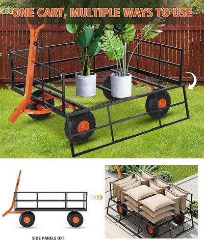 Garvee Steel Garden Cart, 1200 LBS Capacity Utility Outdoor Wagon, Heavy Duty Mesh Garden Wagon with Removable Sides, 2-in-1 Handle, 13" Tires for Yard, Lawn, Garden