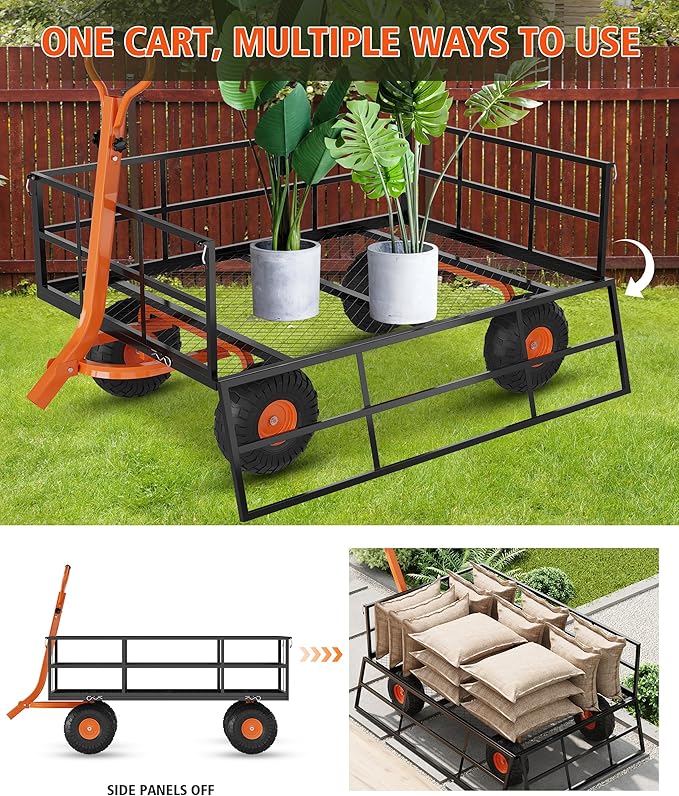 GarveeLife Heavy Duty Steel Garden Cart, 1200 LBS Capacity 3 in 1 Pullable Garden Wagon with 13 in Wheels, for Gardening Soil, Tools, and Plant Transport