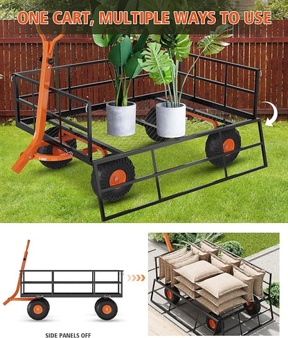 GarveeLife Heavy Duty Steel Garden Cart, 1200 LBS Capacity 3 in 1 Pullable Garden Wagon with 13 in Wheels, for Gardening Soil, Tools, and Plant Transport