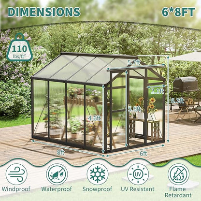 Garvee 6x8ft Walk-in Greenhouse, Heavy Duty Large Outdoor Green House | Polycarbonate Garden Greenhouse with Roof Vent, Lockable Smooth-Gliding Sliding Door & Aluminium Frame for Backyard, Grey