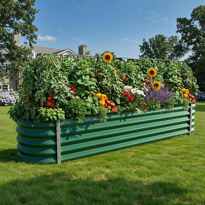 YITAHOME 17" Tall 9 in 1 Large Raised Garden Bed Kit, 8x2x1.5ft Galvanized Metal Planter Box with Gloves & Safety Rubber, Outdoor Above Ground Planters for Plants Vegetables Flowers, Green