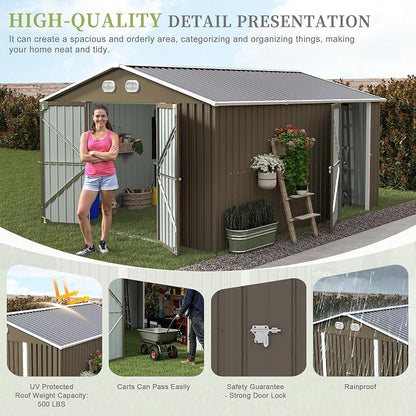 YOPTO 12X10 FT Metal Outdoor Storage Shed W/Flower Pot Stand,Brown | 3 Lockable Doors,Air Vent,Sloped Roof,Reinforced Structure,Waterproof Outdoor Shed for Garden,Patio,Backyard,Lawn