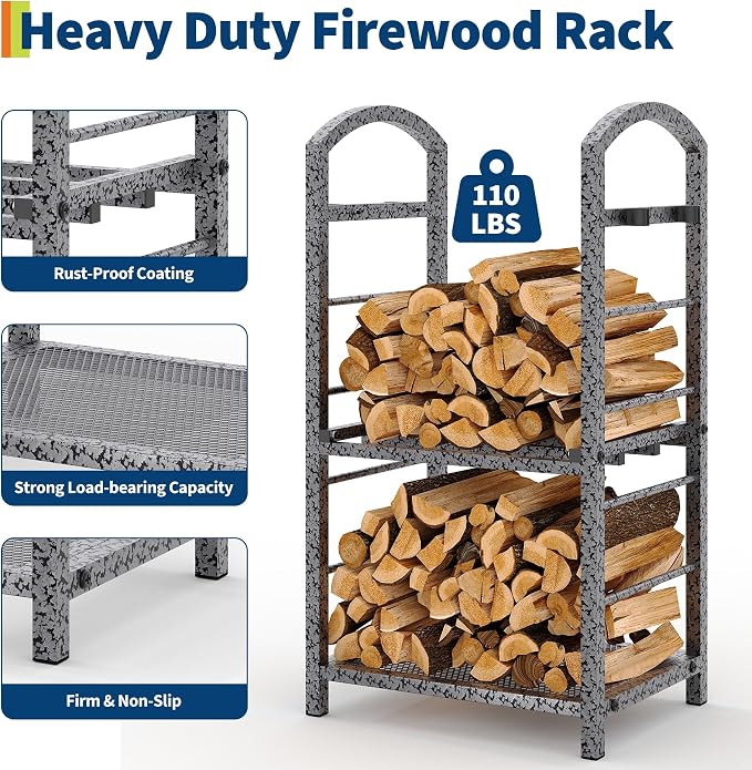 GarveeLife 30 Inch Firewood Rack Outdoor Indoor, High Outdoor Wood Racks for Firewood, Fire Wood Storage with Kindling Hooks, Large Metal Fireplace Log Rack Storage Carrier Organizer, Sliver