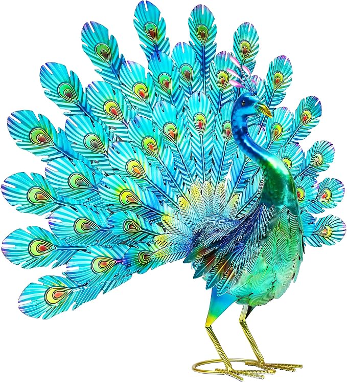 27.5" Metal Peacock Garden Statue with Spread Tail Yard Art | Handmade 3D Textured Peacock Sculpture, Outdoor Metal Yard Art for Patio, Garden, Entryway Decoration.