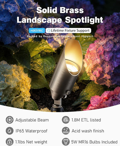 HIBOITEC Solid Brass Outdoor Landscape Spotlights Light Fixture with 5W Aluminum Housing MR16 LED Bulb 2700K 450LM, 12V AC/DC, Low Voltage Outdoor Spot Lighting, Uplight for Garden, 6Pack