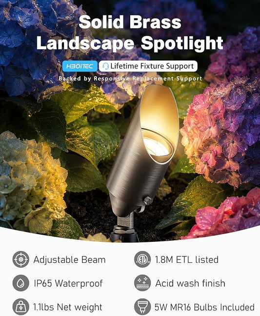 HIBOITEC Solid Brass Outdoor Landscape Spotlights Light Fixture with 5W Aluminum Housing MR16 LED Bulb 2700K 450LM, 12V AC/DC, Low Voltage Outdoor Spot Lighting, Uplight for Garden, 6Pack