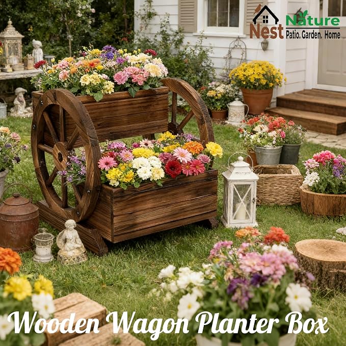 NestNature Wooden Wagon Planter Box|Raised Garden Bed W/Wheels for Plants | 2 Tier Classic Rustic Flower Pot Use Indoor&Outdoor Decor On Patio,Porch,Garden-Outdoor Planter For Flowers,Herbs,Vegetables