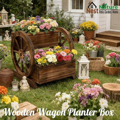 NestNature Wooden Wagon Planter Box|Raised Garden Bed W/Wheels for Plants | 2 Tier Classic Rustic Flower Pot Use Indoor&Outdoor Decor On Patio,Porch,Garden-Outdoor Planter For Flowers,Herbs,Vegetables