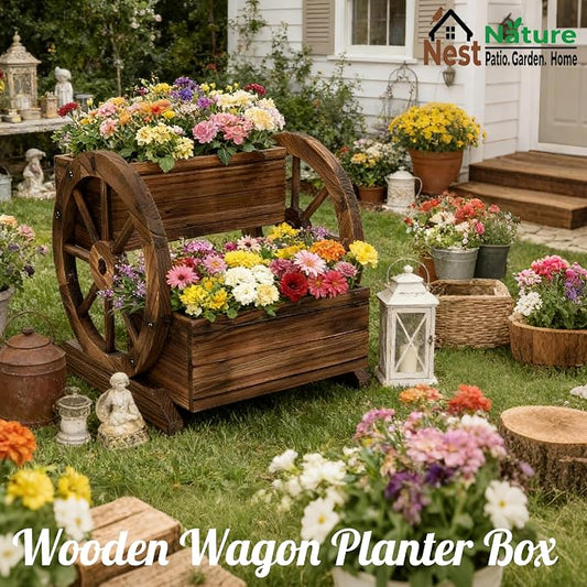 NestNature Wooden Wagon Planter Box|Raised Garden Bed W/Wheels for Plants | 2 Tier Classic Rustic Flower Pot Use Indoor&Outdoor Decor On Patio,Porch,Garden-Outdoor Planter For Flowers,Herbs,Vegetables