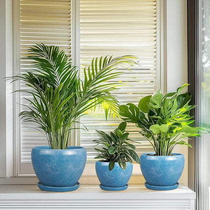 Ceramic Plant Pots - 10+8+6 Inch Modern Round Planters for Indoor Outdoor with Drainage Holes and Plant Saucers, Room Patio House Office Decor, Gardening Gifts for Women Men, Set of 3, Blue