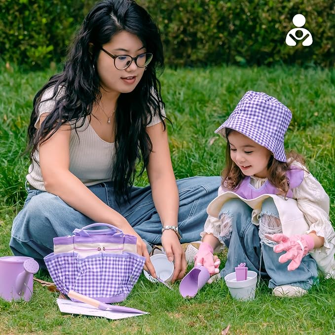 ROBUD Kid Gardening Set, Purple Wooden Garden Tool for Kid, Garden Tool Kit with Tool Storage Bag, Apron, Gloves, Montessori Toys for Kids to be Closed to Nature, WRP52