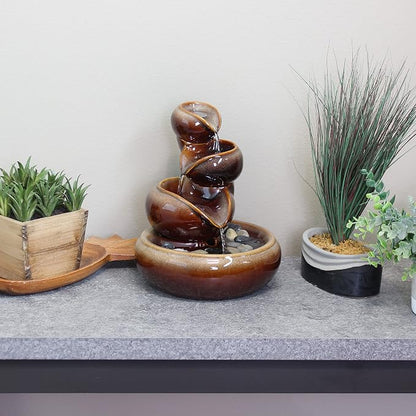 Sunnydaze Tiered Vessels Ceramic Tabletop Water Fountain - Relaxing Indoor Fountain for Office, Bedroom, or Living Room - Brown