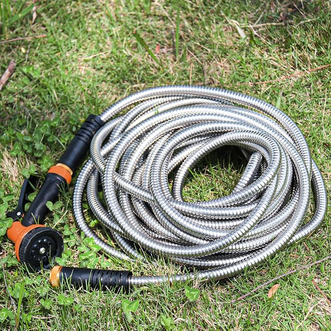 Besiter Garden Hose 100FT Stainless Steel Water Hose with 10 Functions Adjustable Spray Nozzle, Heavy-Duty Metal Garden Hose Flexible Durable No-Tangle & Kink Leak Dog Proof Hose for Yard Lawn(Orange)