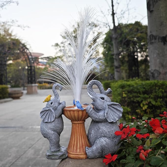 Elephant Statue Solar Garden Decor,Resin Elephant Statue and Colour Changing Optical Fiber Solar Lights,Outdoor Decor for Balcony, Garden, Patio, Yard, Lawn, Gifts for Mom Grandma