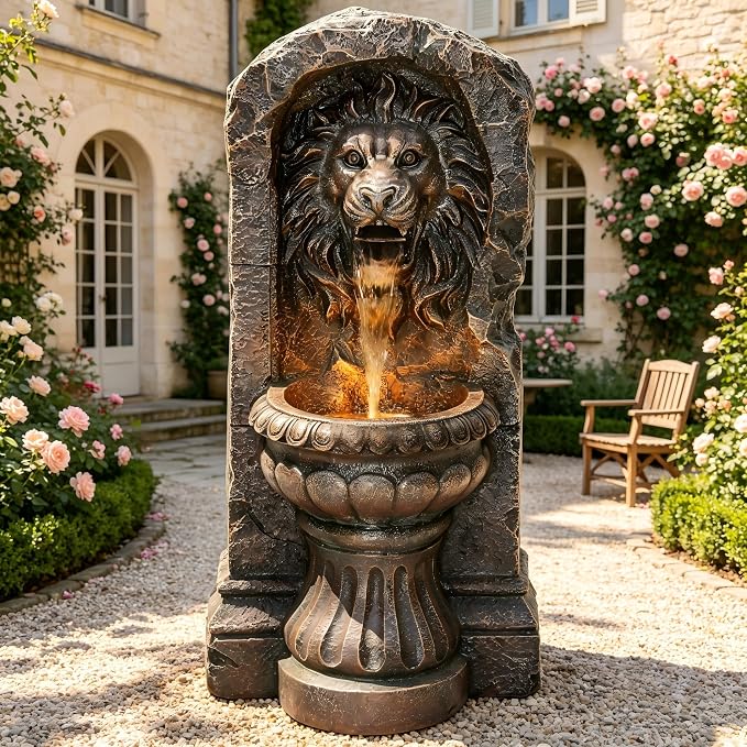 30" Lion Head Outdoor Water Fountain LED Stone Cascading Waterfall | faux granite stone texture, European courtyard, patio yard,Deck Floor Garden Decor