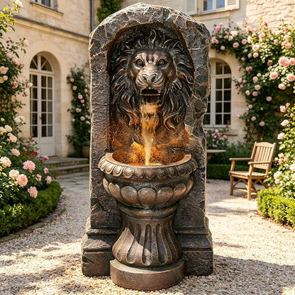 30" Lion Head Outdoor Water Fountain LED Stone Cascading Waterfall | faux granite stone texture, European courtyard, patio yard,Deck Floor Garden Decor