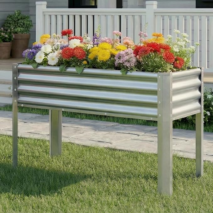 Galvanized Raised Garden Bed with Legs, 43×24×32in Large Metal Elevated Raised Planter Box with Drainage Holes for Backyard, Patio, Balcony, 400lb Capacity,Sliver