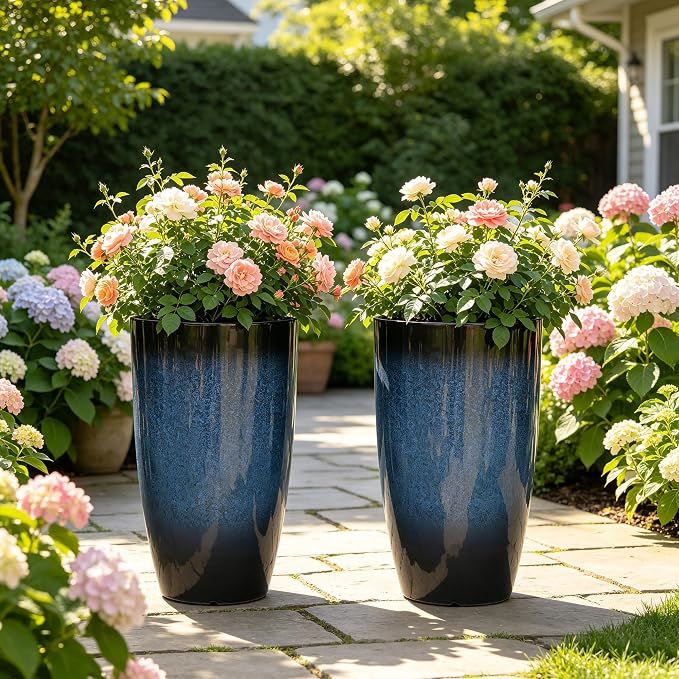 23.75" Cobalt Blue Plastic Tall Outdoor Planters with Drainage Holes | Set of 2 PP tall planters with cobalt gradient finish, drainage plugs, and UV-treated surface for porch, patio, or indoors