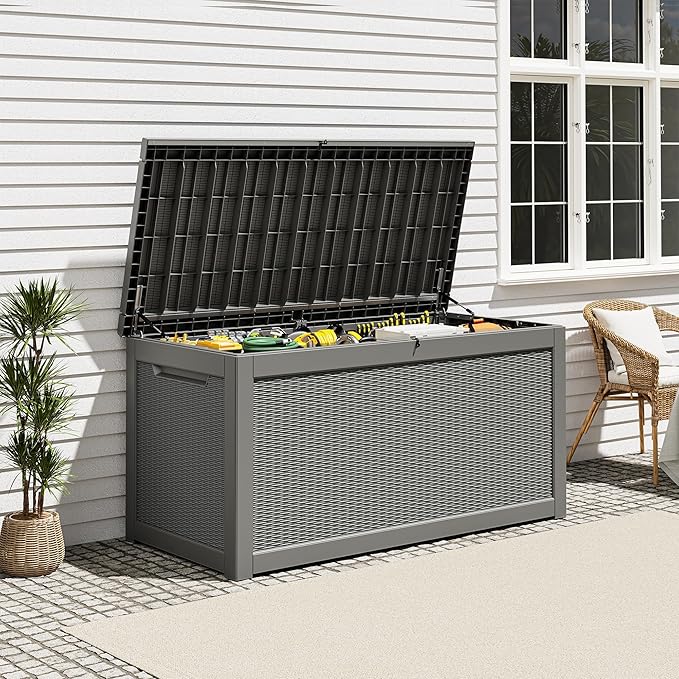 Outdoor Storage Box, Resin Deck Boxes Indoor and outdoor, Waterproof Storage Box Lockable Lid Grey,320 Gallon