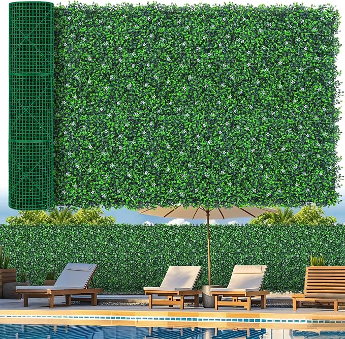 Grooy 60"x 120"(50 sq.ft) Artificial Boxwood Roll Panels with Flowers, UV-Anti Faux Ivy Leaves Privacy Fence Screen, Grass Wall Roll Panels for Indoor Home Decor and Outdoor Garden Backyard