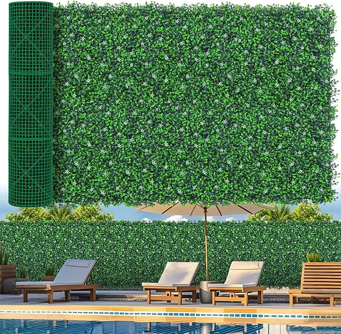 Grooy 48"x 144"(47 sq.ft) Artificial Boxwood Roll Panels with Flowers, UV-Anti Faux Ivy Leaves Privacy Fence Screen, Grass Wall Roll Panels for Indoor Home Decor and Outdoor Garden Backyard