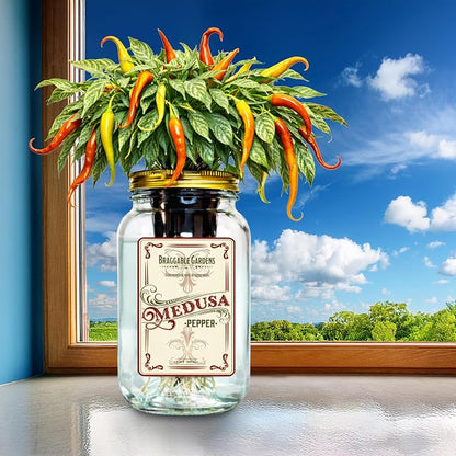 Medusa Pepper Indoor Garden Kit – Mason Jar Hydroponic Pepper Grow Kit – Windowsill Countertop Pepper Plant – Grow Ornamental Chili Peppers Indoors